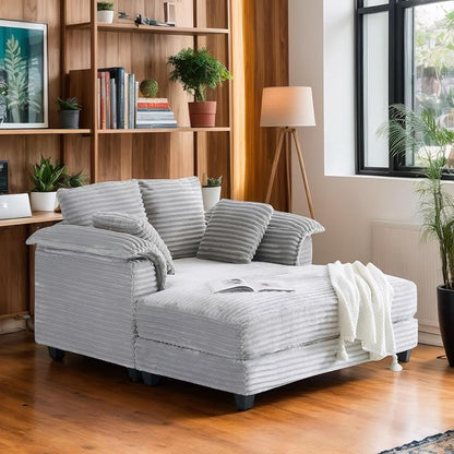 VINGLI 56" Oversized Chaise Lounge Chair, Light Grey Comfy Corduroy Chaise Sofa Recliner Bed Upholstered Sleeper Couch Bed with Throw Pillows and Armrests for Living Room, Movie Room, Bedroom