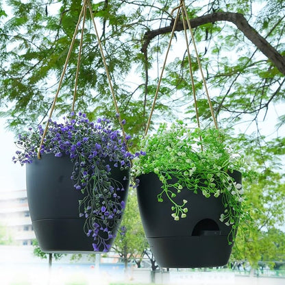 8 inch Hanging Planters, 2 Pack Self Watering Hanging Pots with 20oZ Deep Reservoir for Indoor Outdoor Plants Flowers, Black