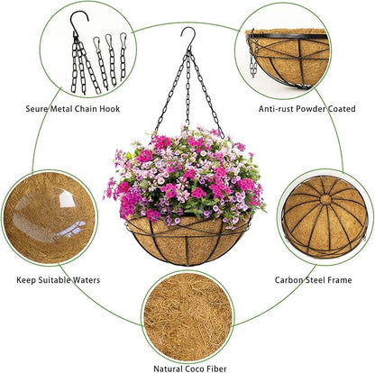 4 Pack 16 Inch Hanging Planters for Outdoor Plants Metal Wire Flower Baskets with Coco Liner & Plastic Saucer Large Deep Hanging Plant Pots for Porch Balcony Garden Décor