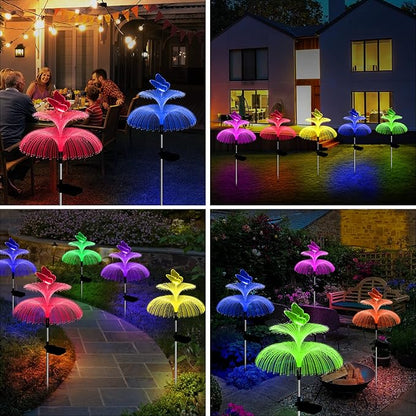 Solar Garden Lights Waterproof 3 Pack Solar Lights Outdoor Decorative 7 Color Changing Double Jellyfish and Butterfly Flower Garden Decor Yard Christmas Pool Outdoor, Gifts for Mother's Women