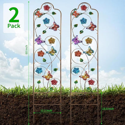 2 Pack Metal Garden Trellis Arched Fence Trellises for Climbing Plants Outdoor, Roses, Vines, Flowers, and Vegetables Support, 60'' H x 12'' W, Butterfly
