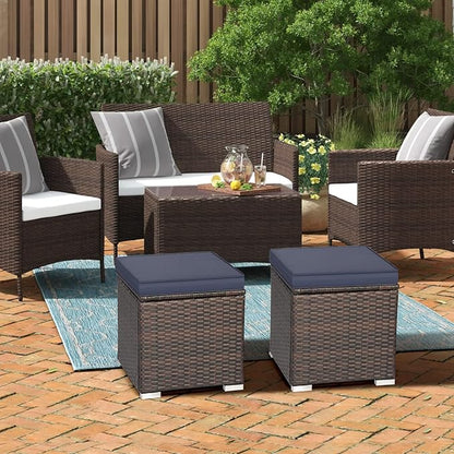 RELAX4LIFE Wicker Outdoor Storage Ottoman, 2-Piece Rattan Footstool w/Removable Cushion, Multipurpose Footrest Stool Side Table Additional Seating, Set of 2 Outdoor Ottomans for Patio Deck (Navy)