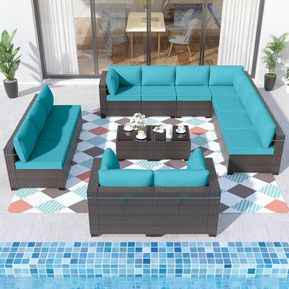 ALAULM Patio Furniture Set with Coffee Table, 14 Pieces Outdoor Sectional with Wide Seat and Thick Cushion, All Weather Wicker Rattan Conversation Set for Backyard, Garden, Deck, Turquoise