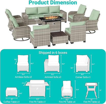 13-Piece Outdoor Patio Furniture Set with Rocking Swivel Chair, PE Wicker Rattan Sectional Sofa Patio Conversation Set with 55,000 BTU Fire Pit Table & Coffee Table, Light Green