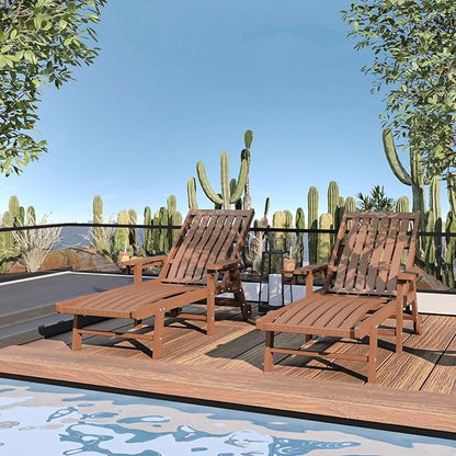 Patio Chaise Lounge Chair, Oversized Lounge Chair Outdoor with 5 Positions, HDPE, Patio Lounge Chair with Wheels & Cup Holder for Pool, Deck, Poolside,Wood