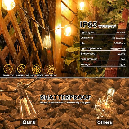String Lights 100 ft Outdoor LED with 53 Vintage Edison Bulbs