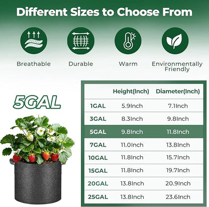 T4U 5 Gallon Grow Bags, Upgrade Grow Bags with Handles, Heavy Duty Thickened Nonwoven Fabric Pots, 5 Gallon Pots for Plants, Strawberry, Cherry Tomatoes (10 Pack)