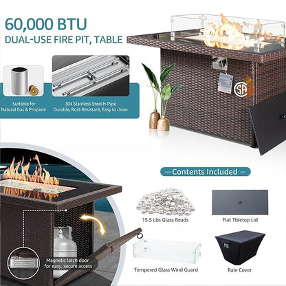 NICESOUL 7 Piece Patio Furniture Set with Natural Gas/Propane Firepit, 29.3'' High Back Comfy Outdoor Conversation Sofa Sets, Deep Seat Sectional Couch for Heavy Weight, Brown Rattan and Teal Cushion