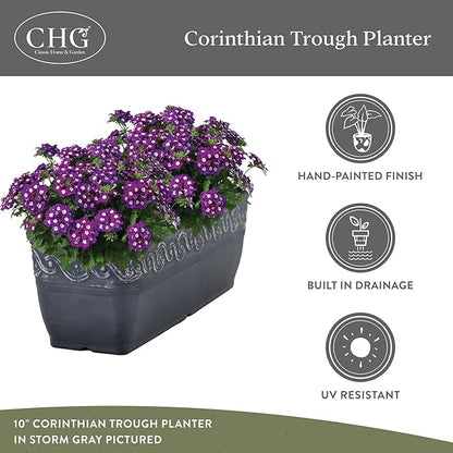 Classic Home and Garden Corinthian Trough Planter, 10", Ivory Ash