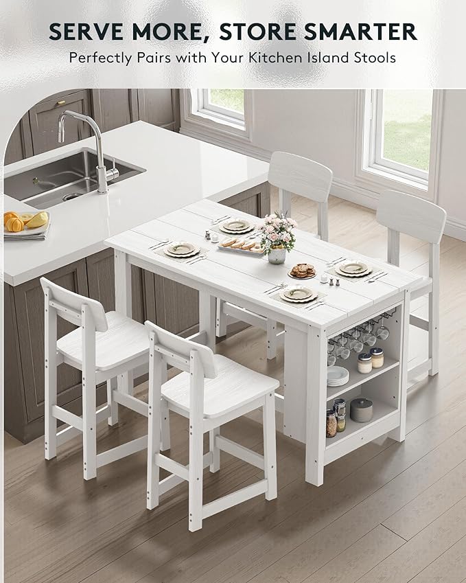 SERWALL 8-Piece HDPE Counter Height Dining Table Sets with Storage and Wine Rack, 2 Rectangular Bar Table with Bar Stools Set of 6 for Garden, Backyard, Kitchen, White