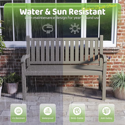 Outdoor Bench, Waterproof & Weatherproof Garden Bench with Ergonomic Design, 2-Person Resin Bench for Porch, Deck, Patio, Outdoor, Garden & Park(Grey)