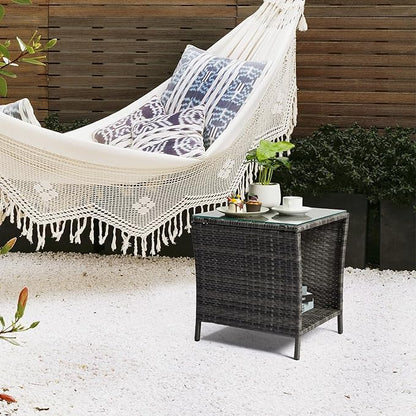 VINGLI Outdoor Wicker Side Table Patio Side Tables for Outside, Tempered Glass Top Wicker Table with Storage End Table for Balcony Porch Deck (Grey)