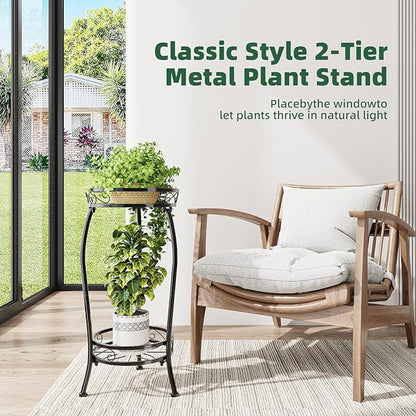 Simple Trending Plant Stand Indoor Outdoor, Tall Round Plant Shelf, 2 Tiers Metal Flower Pot Holder Stand Heavy Duty, for Garden, Balcony, Black