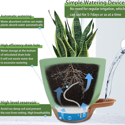Self Watering Planters with Drainage Holes Reservoir,Nursery Planting Pot for Indoor Decor Garden Plants Succulents,Snake Plant, African Violet,Plastic Flower Pots Set 7+6.5+6+5.5+5 Inch (Green)