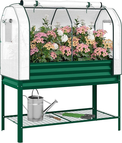 Outsunny Galvanised Raised Garden Bed with Greenhouse Cover, Metal Elevated Garden Bed with Legs, Bed Liner and Bottom Shelf, Outdoor Raised Planter Box for Vegetables, Herbs, Flowers, Green