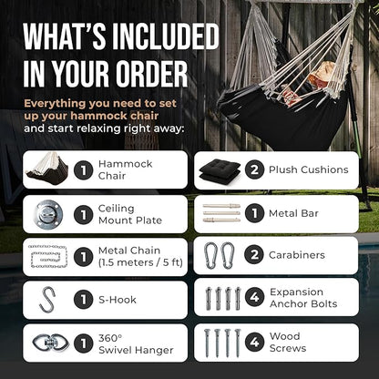 Hanging Hammock Chair Swing – Hanging Chair Outdoor & Indoor - Hammock Swing Chair – Quick & Easy Setup with Hardware Kit – Durable & Spacious Full Body Support with 2 Plush Cushions – Holds 440 Lbs