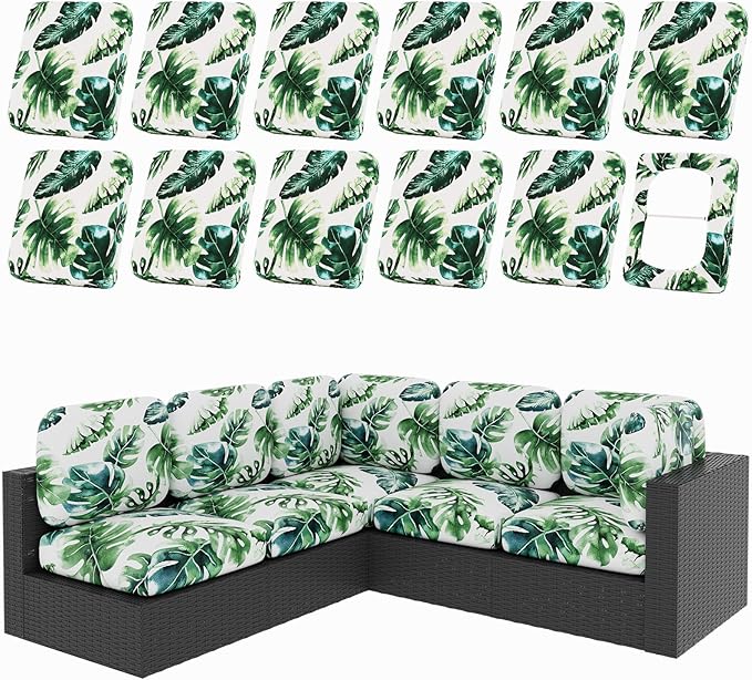 Patio Cushion Covers, 12-Piece Stretch Set, Monstera Deliciosa