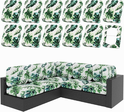 Patio Cushion Covers, 12-Piece Stretch Set, Monstera Deliciosa