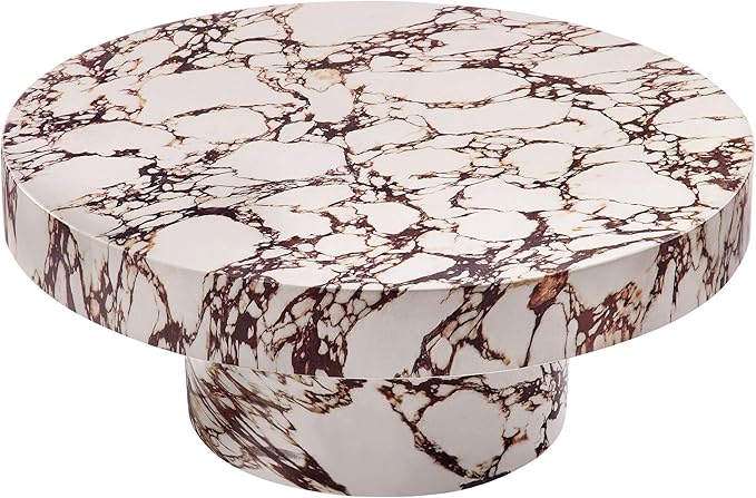 Modway Alora Round Concrete Coffee Table with Faux Stone Finish in Red Marble - Cement Accent Table for Living Room - Stone Patio Center Table - Indoor Outdoor 34 Inch Low Coffee Table