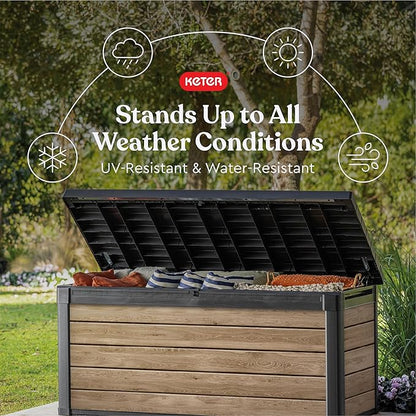 Keter Signature Collection 150 Gallon Resin Deck Box Organization and Storage Box for Patio Outdoor Cushions, Throw Pillows, Garden Tools and Pool Supplies, Ashwood