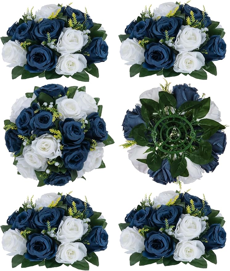 Artificial Flowers Silk Rose Centerpiece Ball, Navy Blue & White