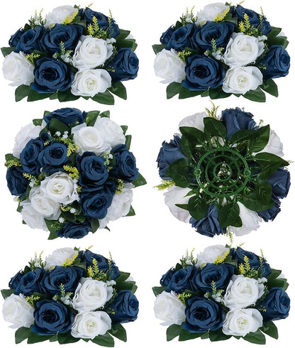 Artificial Flowers Silk Rose Centerpiece Ball, Navy Blue & White