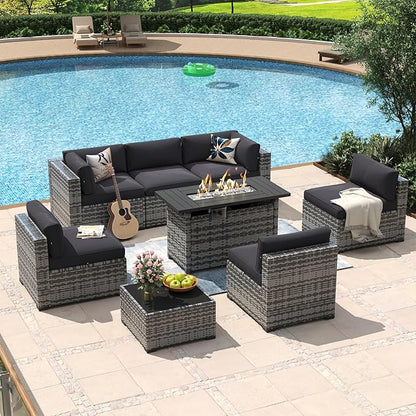 Aoxun 8 Piece Patio Furniture Set with 44” Fire Pit Table Wicker Rattan Outdoor Sectional Sofa Set with Coffee Table and Thickened Cushions, Black (Waterproof Cover Included)