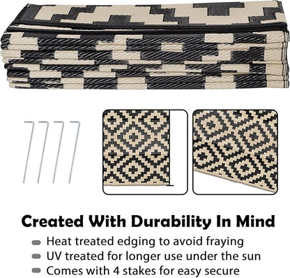 SAND MINE Waterproof Outdoor Rug 9x18 ft, Plastic Reversible Rug, Modern Area Rug, Large Floor Mat for Outdoors, RV, Patio, Backyard, Deck, Picnic, Beach, Camping, Black & Beige