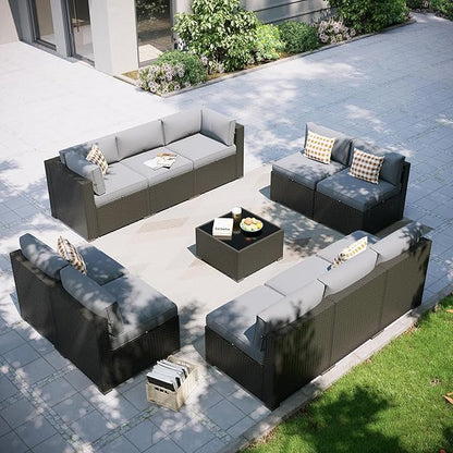Aoxun Patio Furniture Set, 11 Piece Outdoor Sectional Sofas with Waterproof Cover, 10 Seats Wicker Rattan Outdoor Furniture Patio Conversation Set for Backyard, Garden Light Grey