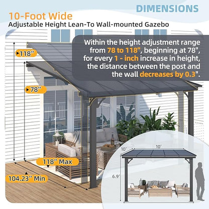 AECOJOY 10' x 10' Adjustable Height Outdoor Gazebo Pergola for Patio, Large Wall-Mounted 6.5-9.8 Ft Hard Top Lean to Metal Heavy Duty Metal Awnings Shelter Pergolas and Gazebos Clearance with Roof