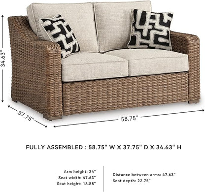 Signature Design by Ashley Beachcroft Casual Nuvella Weather Resistant Fabric, Resin Wicker Outdoor Loveseat with Cushion and 2 Accent Pillows, Dark Brown & Beige