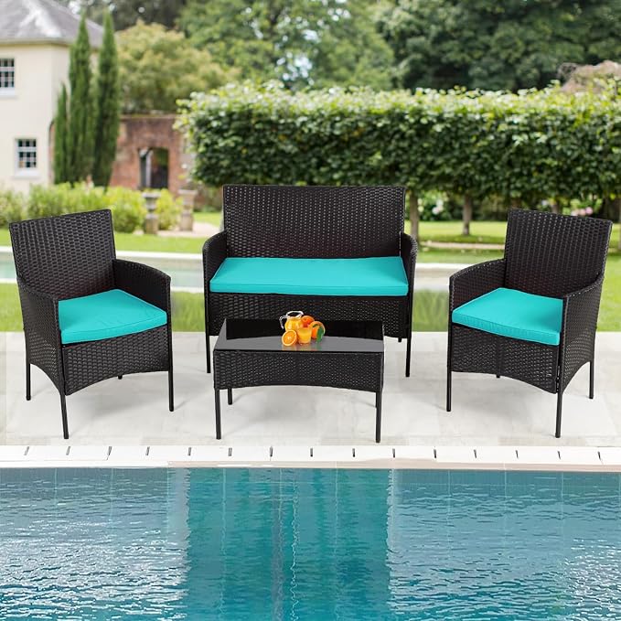Conversation Set, 4 Piece Modular Patio Set with Glass Table and Cushions