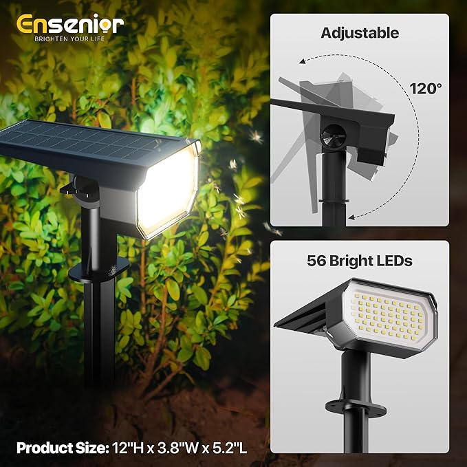 Ensenior Solar Spotlights Outdoor, 56 LEDs Brightness Adjustable 6500K LED Solar Garden Lights, Halloween Christmas Landscape Lighting for Flag/Yard/Pathway, IP65 Waterproof - 4 Pack