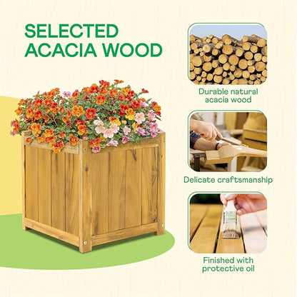 Idzo Acacia Wood Flower Planter Box for Outdoor Plants, 1pc Wooden Raised Garden Bed with Handles, Drainage Holes, Ideal for Garden and Home Décor, Golden Teak
