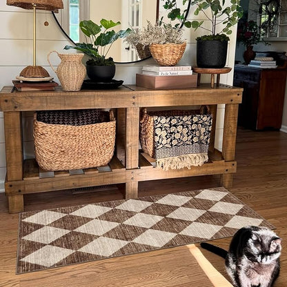Outdoor Rug with Brown Beige Harlequin Pattern, 2 x 4.3 ft