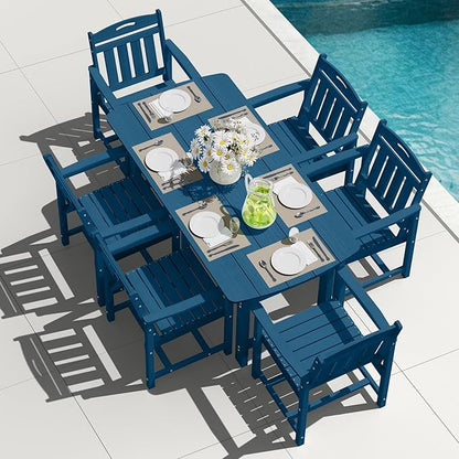 HDPE Outdoor Patio Dining Set with Table & 6 Chairs, All-Weather 7-Piece Outdoor Table and Chairs, 2" Umbrella Hole, Patio Furniture for Garden, Backyard, Deck | Navy Blue