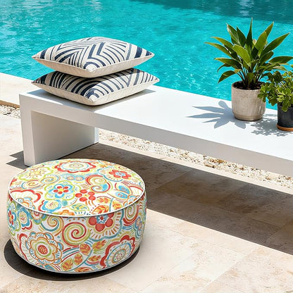 LVTXIII Indoor/Outdoor Inflatable Ottoman with Handle D21 x H9 Inch, Weather-Resistant Round Footstool Pouf for Patio Camping Living Room, Portable Footrest Extra Seating, Flower Multi