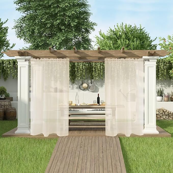 SpaceDresser Waterproof Outdoor Sheer Curtains for Patio - 4 Panels Rod Pocket Indoor Voile Sheer Curtain for Living Room,52W x 96L inch, Ivory