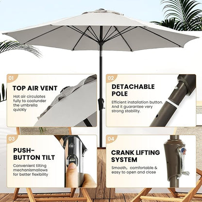 Ayge 9FT Large Outdoor Patio Umbrella Market Table Umbrella-UV Resistant, Easy Push Button Tilt and Crank, 8 Sturdy Fiberglass Ribs Heavy-Duty Pool Umbrella for Deck, Backyard,Garden,Light Grey