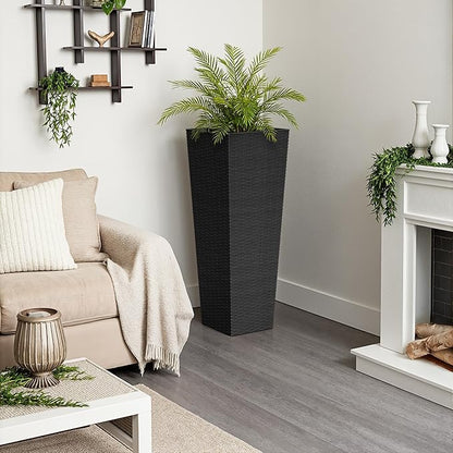 Greesum 32 Inch Tall Plastic Planters with Rattan Texture – Set of 2, Detachable Inner Pot & Drainage Holes, Indoor/Outdoor Decorative Flower Pots for Large Plants, Trees, Patio, and Garden, Black