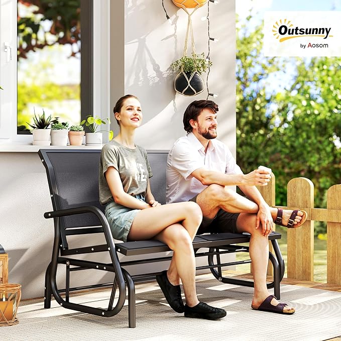 Outsunny 2-Person Outdoor Glider Bench, Patio Double Swing Rocking Chair Loveseat w/Powder Coated Steel Frame for Backyard Garden Porch, Gray