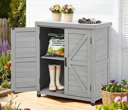 Outdoor Potting Bench with Storage Cabinet and Metal Top, Wood Workstation for Outdoor Patio, Garden (Classic Grey, 31x17x36‘’)