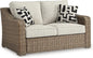 Signature Design by Ashley Beachcroft Casual Nuvella Weather Resistant Fabric, Resin Wicker Outdoor Loveseat with Cushion and 2 Accent Pillows, Dark Brown & Beige