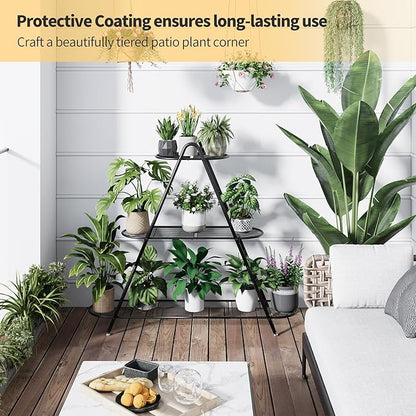 Plant Stand for Patio, 3-Tier Metal Plant Shelf–Indoor/Outdoor Display Rack for Multiple Pots, Heavy Duty Plants, Garden Flower Organizer (Black)
