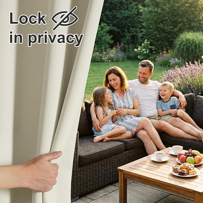 RYB HOME Outdoor Curtains for Patio Waterproof Block Sunlight Thermal Insulated Privacy Assured Thick Outside Curtains for Pergola, Deck, Gazebo, W52 x L90, Beige, 1 Panel