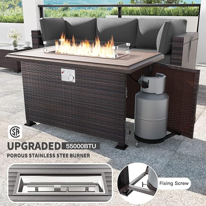 Kullavik 15 Pieces Outdoor Patio Furniture Set with 43" 55000BTU Gas Propane Fire Pit Table PE Wicker Rattan Sectional Sofa Patio Conversation Sets,Grey