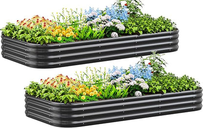 Quictent Galvanized Raised Garden Bed Kit, 8x4x1 ft Oval Metal Planter Box for Vegetables, Strengthened by Crossbar, Dark Gray, 2PCS