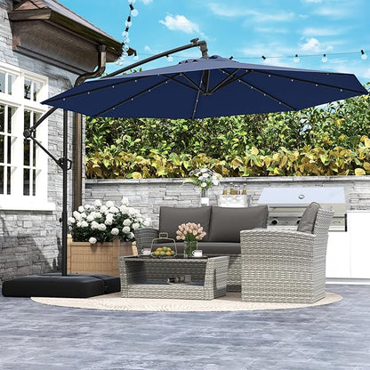 Tangkula 10ft Solar LED Patio Umbrella with Base, Offset Cantilever Outdoor Umbrella with 32 LED Lights, Infinite Tilt, 360 Degree Rotation, Crank Handle for Pool Deck Garden Backyard (Navy)