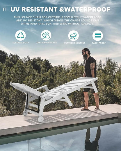 SERWALL Patio Chaise Lounge Chair Set of 2, 78'' Long 5-Positions Adjustable HDPE Outdoor Lounger for Pool, Poly Lounge Chair with Rolling Wheels & Cup Holder for Poolside, Deck, Space Grey