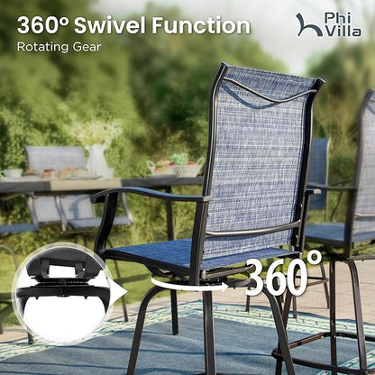 PHI VILLA Outdoor Swivel Bar Stools Set of 4, Bar Height Patio Stools & Chairs with All Weather Textilene Sling Fabric, 30 Inch High Top Tall Bar Chairs for Outside Balcony & Porch, Blue